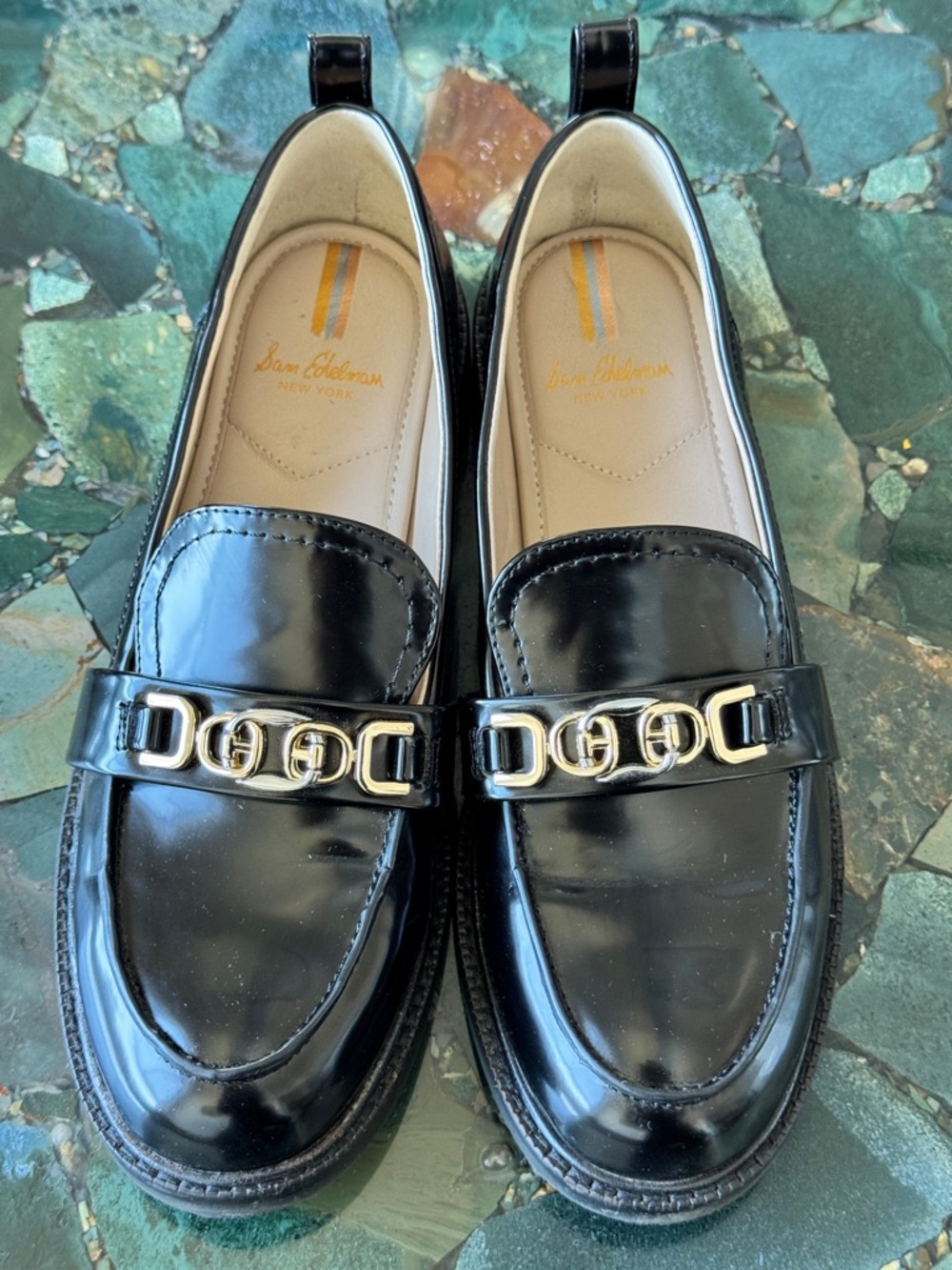 Sam Edelman Black Patent Loafers with Gold Link Detail